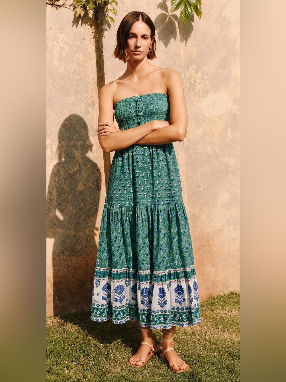 Breezy Cotton Maxi Dress Smocked Strapless Mediterranean Resort S/M